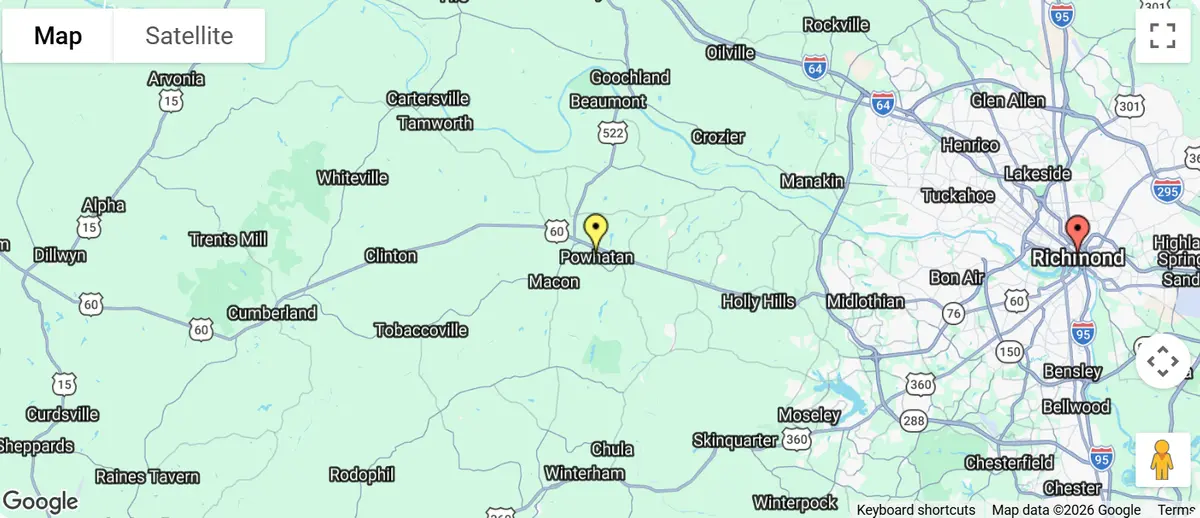 Map showing Powhatan Taxi service coverage across Powhatan County, Richmond, and nearby Virginia routes